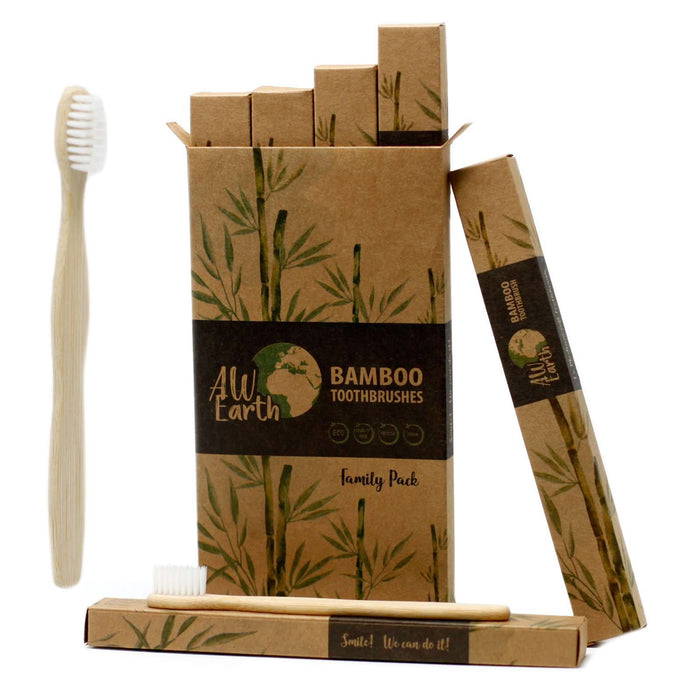Bamboo Toothbrush - Family Pack resting against packaging