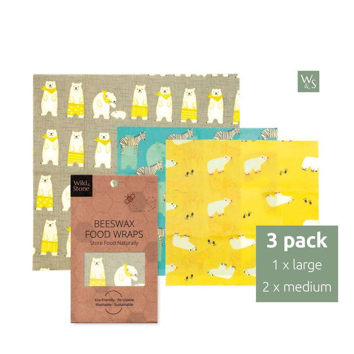Wild & Stone Food Wraps Beeswax Food Wraps - 2x Medium, 1x Large - Animals