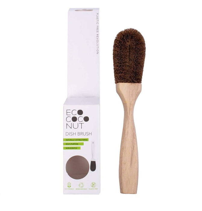 Eco Living Dish Brush Coconut Dish Brush - Vegan & Biodegradable Dish Brush next to packaging