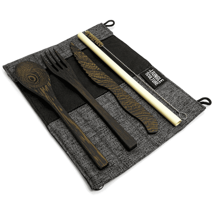 Jungle Culture Cutlery Set Dark Grey Hand carved reclaimed wooden cutlery set